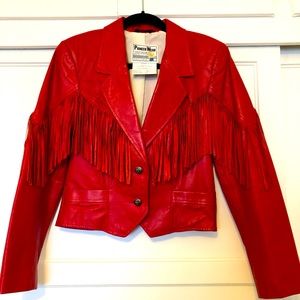RARE Vintage Pioneer Wear Red Genuine Leather Fringe Fitted Cropped Jacket